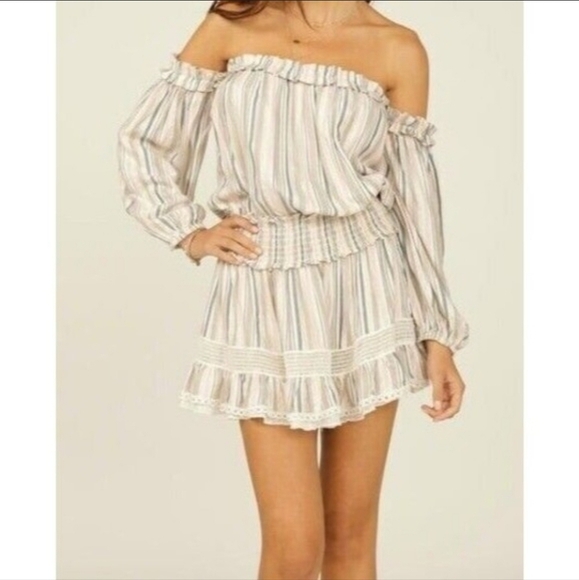 SURF GYPSY | SHIMMER STRIPED OFF SHOULDER RUFFLE MINI DRESS - Picture 1 of 16